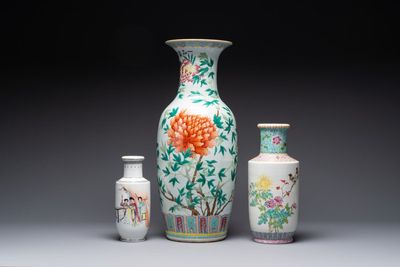 Three Chinese famille rose vases with figural and floral design, Qianlong mark, 19/20th C.