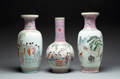 Three Chinese famille rose vases with figural and landscape design, Republic