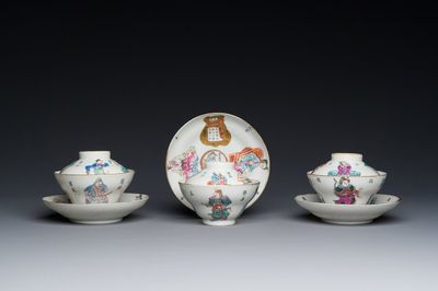 Three Chinese famille rose 'Wu Shuang Pu' covered cups and saucers, Tongzhi mark and of the period