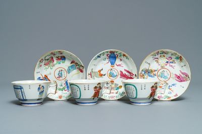 Three Chinese famille rose Wu Shuang Pu cups and saucers, 19th C.
