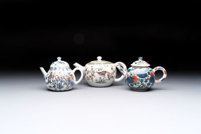 Three Chinese famille verte and Imari-style teapots, Kangxi
