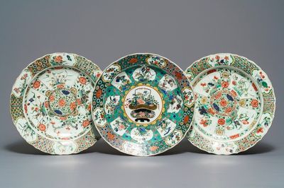 Three Chinese famille verte dishes with floral designs, Kangxi