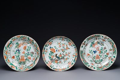 Three Chinese famille verte 'phoenix and peony' plates, Kangxi