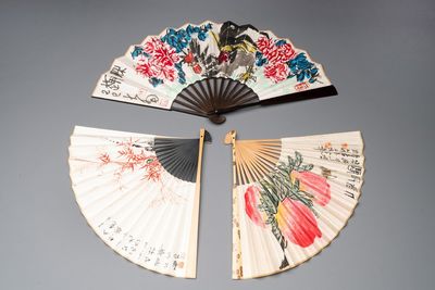 Three Chinese fans, ink and colour on paper, signed Qi Baishi 齊白石 (1864-1957), Qi Gong 启功 (1912-2005), Chen Dayu 陈大羽 (1912-2001) and Shi Shuqing 史树青 (1922-2007)
