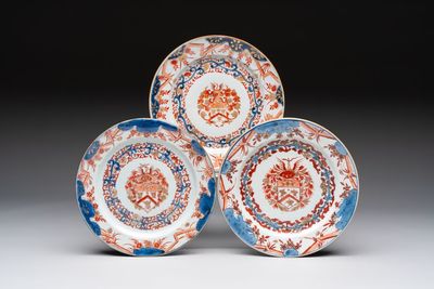 Three Chinese Imari-style armorial plates with the arms of Van Gellicum for the Dutch market, Kangxi/Yongzheng