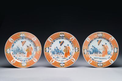 Three Chinese Imari-style 'Parasol ladies' plates after Cornelis Pronk, Qianlong