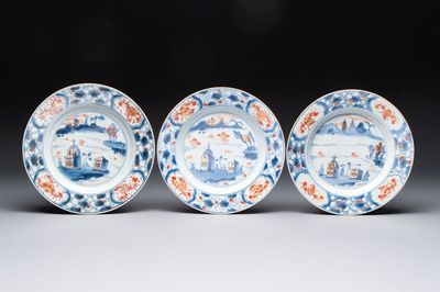 Three Chinese Imari-style plates with Western landscapes, Kangxi