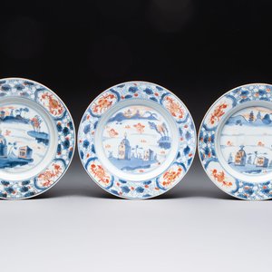 Three Chinese Imari-style plates with Western landscapes, Kangxi — photo 1