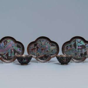 Three Chinese lac burgauté saucers and two cups, Kangxi — photo 1