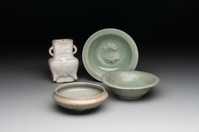 Three Chinese Longquan celadon saucers and an archaistic ge-type vase, Ming/Qing