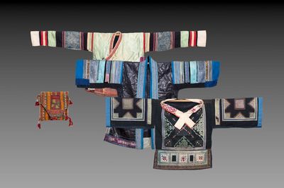 Three Chinese 'Miao' jackets and a pocket, 20th C.