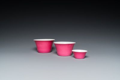 Three Chinese monochrome pink bowls, Qianlong mark, 19/20th C.
