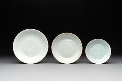 Three Chinese moulded qingbai plates, Song