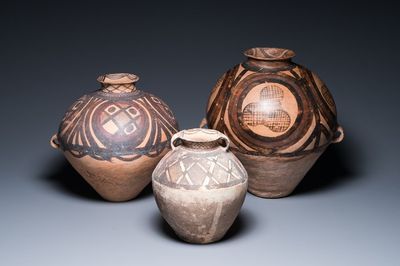 Three Chinese painted pottery jars, Majiayao Yangshao culture, 3rd/2nd millennium b.C.