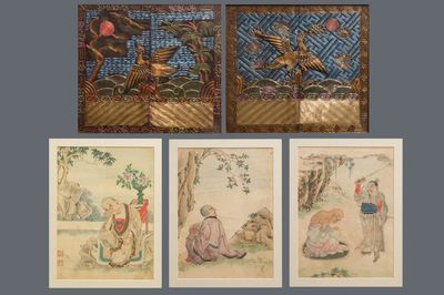 Three Chinese paintings on textile and a pair of rank badges with cranes, 19th C.