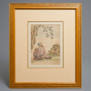 Three Chinese paintings on textile and a pair of rank badges with cranes, 19th C. — 照片 3