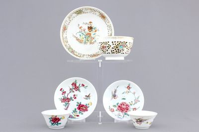 Three Chinese porcelain famille rose cups and saucers, Yongzheng-Qianlong, 18th C.