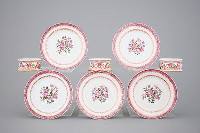 Three Chinese porcelain famille rose salts and five small plates, 18th C.