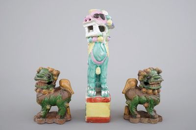 Three Chinese porcelain polychrome foo dogs, the verte biscuit pair, 18th, the other 19th C.