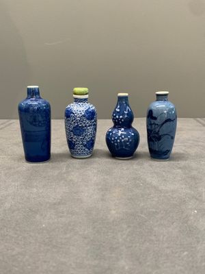 Three Chinese powder blue-ground blue and white snuff bottles and one blue and white snuff bottle, 19th C. — photo 1