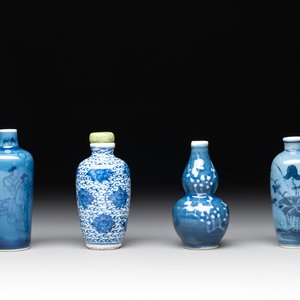 Three Chinese powder blue-ground blue and white snuff bottles and one blue and white snuff bottle, 19th C. — photo 1