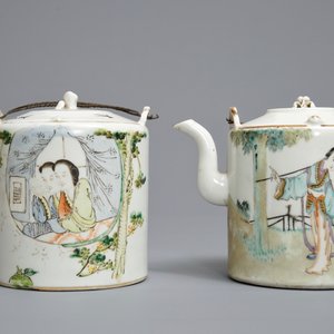 Three Chinese qianjiang cai teapots and an oval dish, 19/20th C. — 照片 2