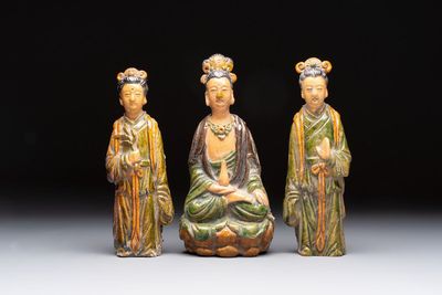 Three Chinese sancai-glazed figures of deities, Ming