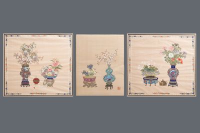 Three Chinese silk paintings: ‘Antiquities with flowers’, 19th C.