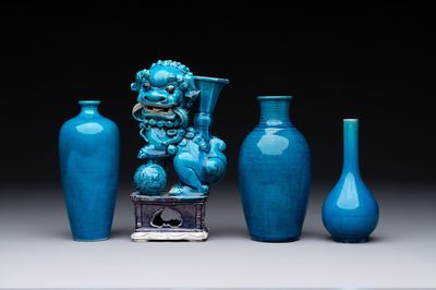 Three Chinese turquoise-glazed vases and a turquoise and aubergine-glazed Buddhist lion, Kangxi