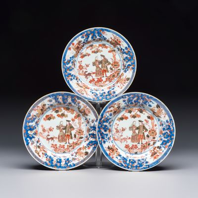 Three Chinese verte-Imari "Governor Duff" plates, Yongzheng