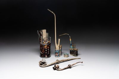 Three Chinese water pipes, two mouth pieces and a cloisonné opium box and cover, 19th C.