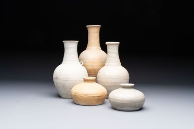 Three cream-glazed bottle vases and two jarlets from the Jepara shipwreck, Dehua or Anxi kilns, Song