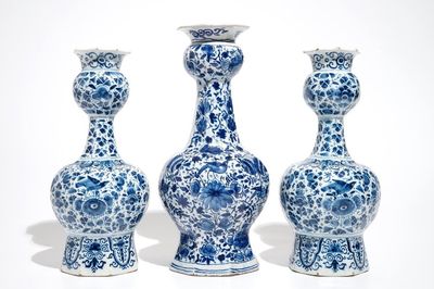 Three Dutch Delft blue and white garlic neck vases with birds on millefiori design, 18th C.