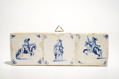 Three Dutch Delft blue and white small format horserider tiles, 17th C.