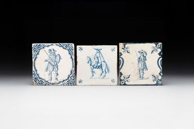 Three fine blue and white Dutch Delft 'soldier' tiles, 17th C.