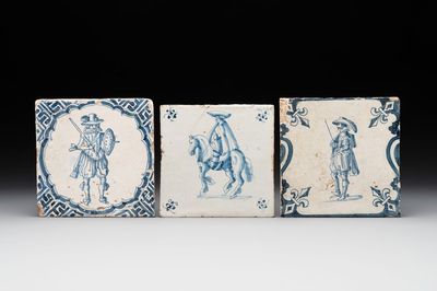 Three fine blue and white Dutch Delft 'soldier' tiles, 17th C.