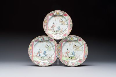 Three fine Chinese famille rose 'Xi Xiang Ji' plates, Yongzheng