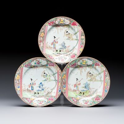 Three fine Chinese famille rose 'Xi Xiang Ji' plates, Yongzheng