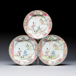 Three fine Chinese famille rose 'Xi Xiang Ji' plates — photo 1