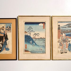 Three framed Japanese woodblock prints, Edo/Meiji, 19th C. — 照片 1