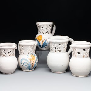 Three French white-glazed and two polychrome puzzle jugs, Nevers, 18th C. — photo 1