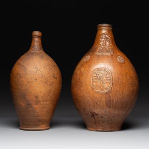 Three German stoneware jugs, including a bellarmine, and a French or English pottery jug, 17th C. and later — photo 15