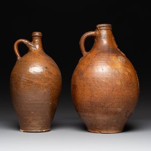 Three German stoneware jugs, including a bellarmine, and a French or English pottery jug, 17th C. and later — photo 16