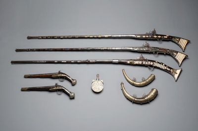 Three impressive flintlock muskets or 'moukahlas', two percussion pistols and three gunpowder horns, Morocco, 18/19th C.