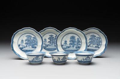 Three Japanese Arita blue and white 'van Frytom' cups and four saucers, Chenghua mark, Edo, ca. 1700
