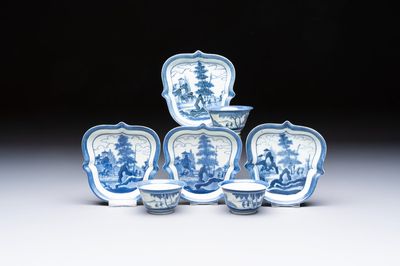 Three Japanese Arita blue and white ‘Van Frytom’ cups and four shield-shaped saucers, Ming and Chenghua mark, ca. 1700