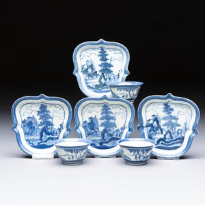 Three Japanese Arita blue and white ‘Van Frytom’ cups and four shield-shaped saucers, Ming and Chenghua mark, ca. 1700 — photo 1
