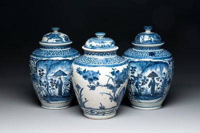 Three Japanese Arita blue and white vases and covers, Edo, 17th C.