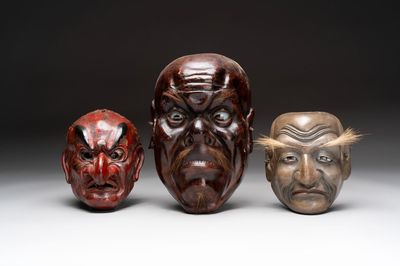 Three Japanese lacquered wooden Kyogen masks, Edo, 18/19th C.