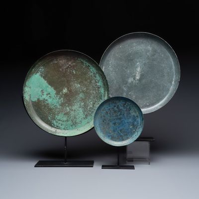 Three Khmer bronze offering dishes, Cambodia, Angkor Wat period, 12/13th C.